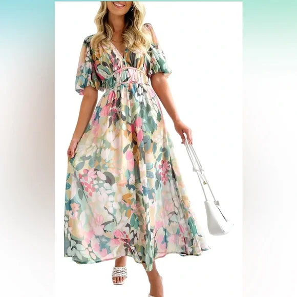 Dresses | Womens Boho Floral Midi Dress Smocked Beach Flowy Dress | Poshmark
